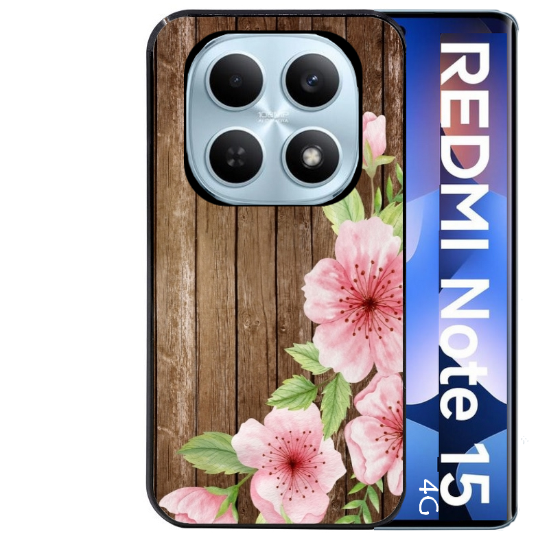 Coque noire taperso pour Redmi Note 15 et PRO PLUS 4G 5G avec motif bois avec fleur rose protection antichoc personnalisée
