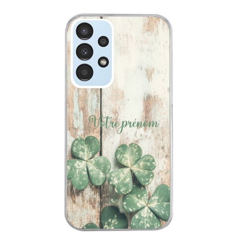 Coque taperso pour Galaxy A13 4G et 5G A23 A53 avec motif bois et trefle personnalisee protection antichoc personnalisée