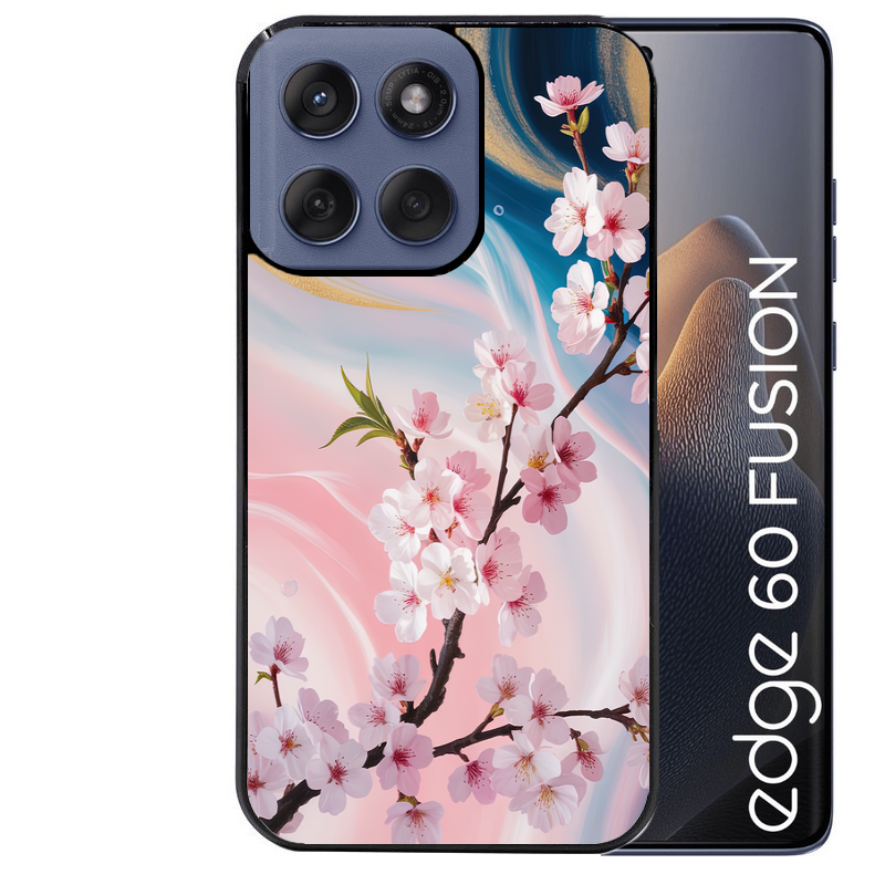 Coque noire taperso pour Moto Edge 60 et Neo Fusion Pro avec motif marbre fleur cerisier protection antichoc personnalisée