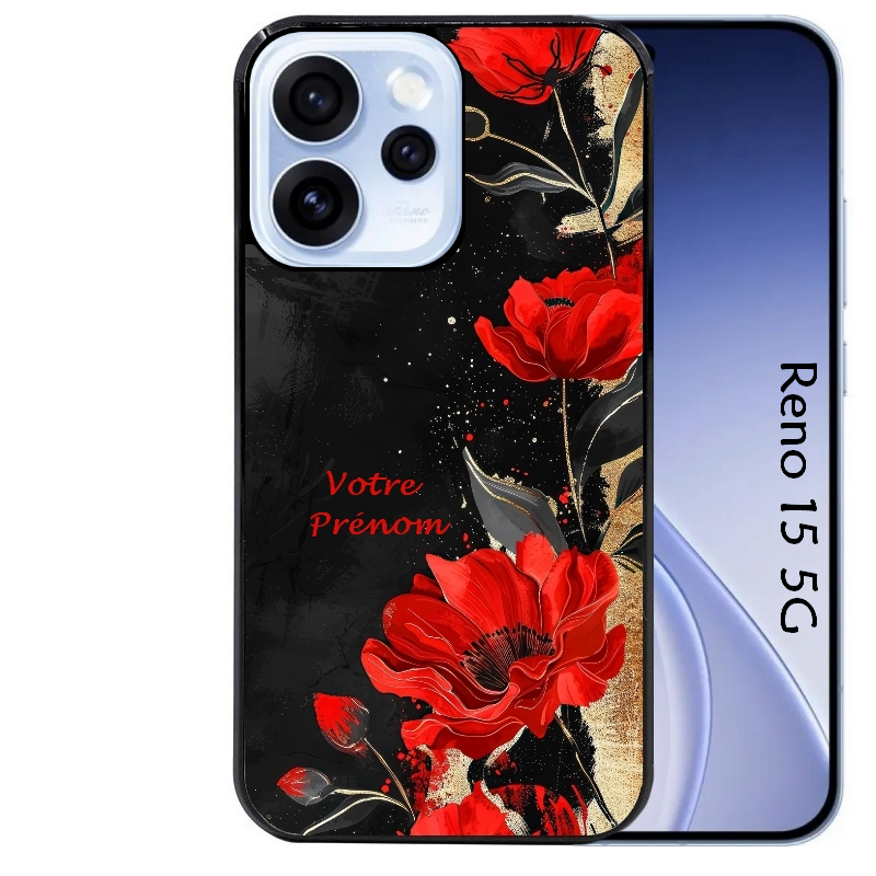 Coque noire taperso pour OPPO Reno 15 et F FS 5G avec motif fleur rouge avec prenom protection antichoc personnalisée