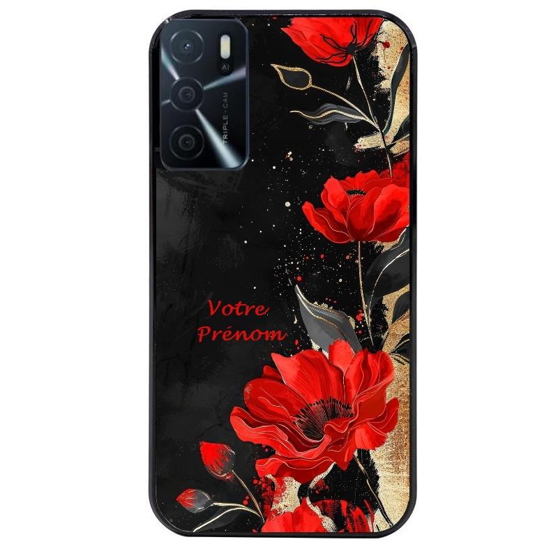 Coque noire taperso pour OPPO A16 et A16S avec motif fleur rouge avec prenom protection antichoc personnalisée
