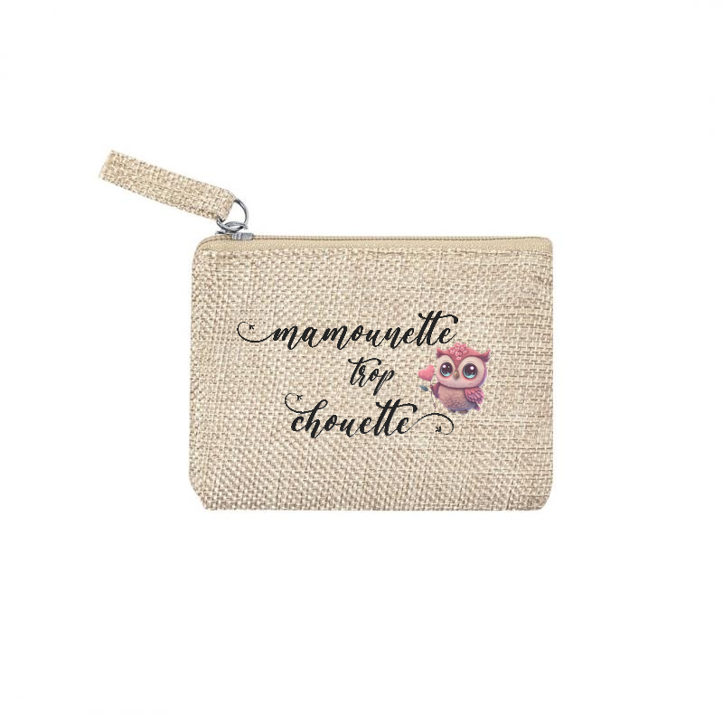 Pochette personnalisée motif maman chouette en toile et simili cuir personnalisée