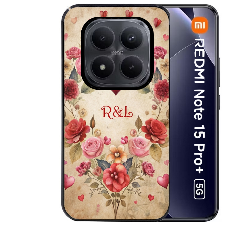 Coque noire taperso pour Redmi Note 15 et PRO PLUS 4G 5G avec motif coeur vintage et initiales personnalisee protection antichoc personnalisée