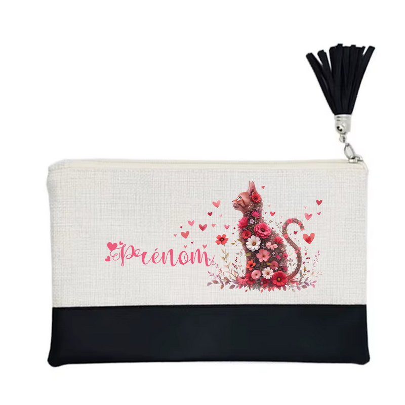 Pochette personnalisée motif chat fleur en toile et simili cuir personnalisée