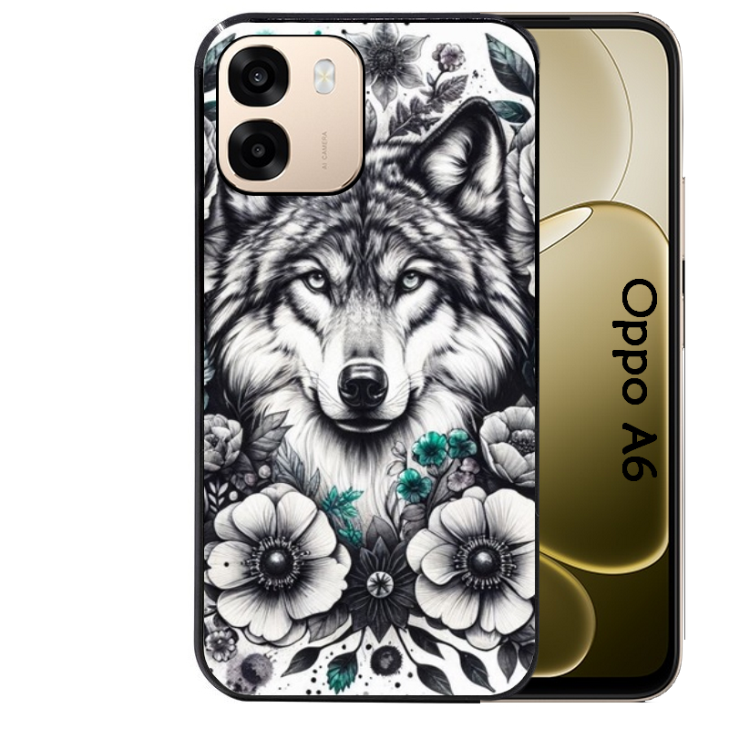 Coque noire taperso pour OPPO A6 A6X 4G et 5G avec motif loup et fleur protection antichoc personnalisée
