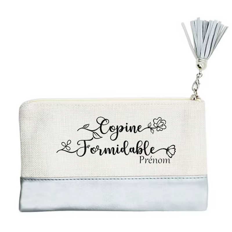 Pochette personnalisée motif copine formidable en toile et simili cuir personnalisée