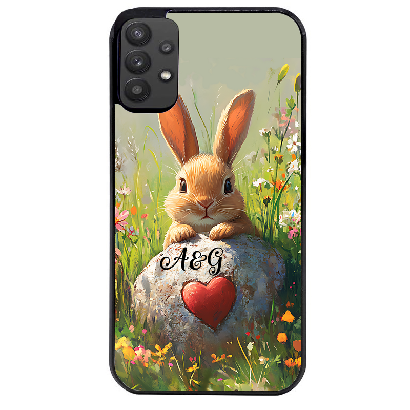 Coque noire taperso pour galaxy A22 A32 A52 A52S 4G 5G  avec motif lapin et fleurs personnalisee protection antichoc personnalisée