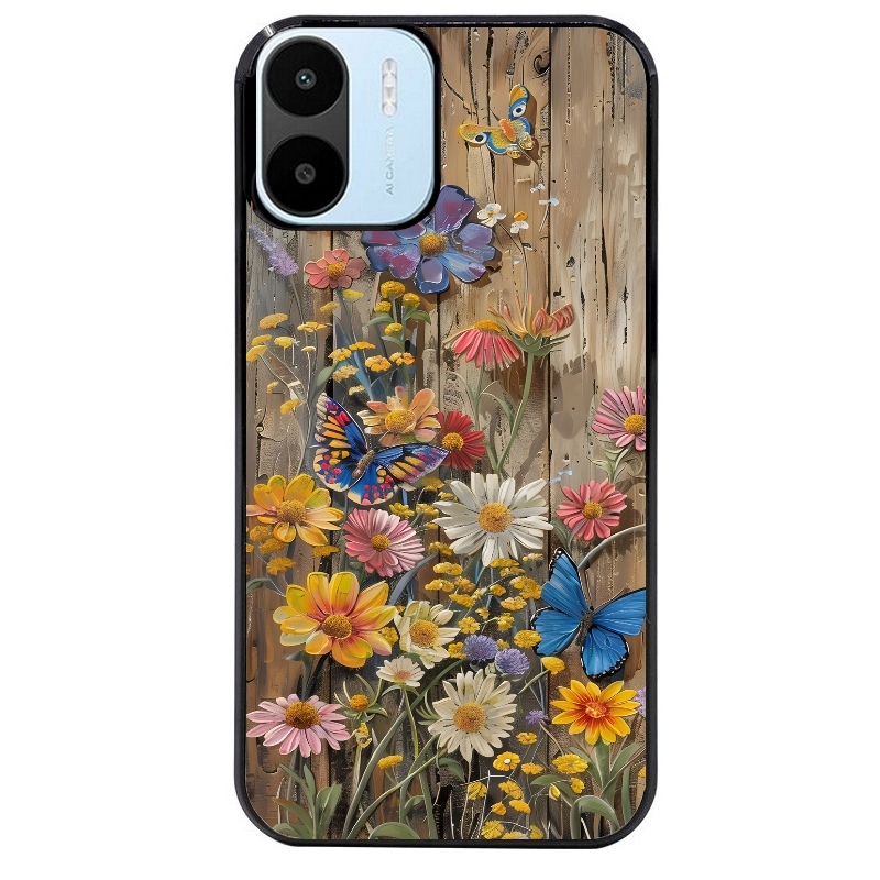 Coque noire taperso pour Redmi A1 et A2 avec motif bois et papillon 1 protection antichoc personnalisée