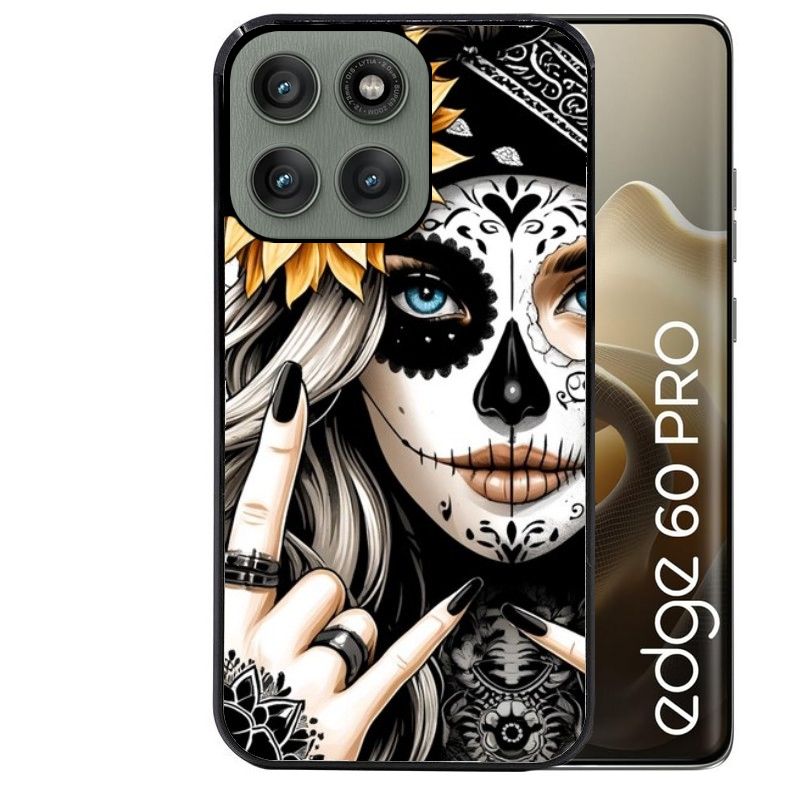Coque noire taperso pour Moto Edge 60 et Neo Fusion Pro avec motif tete de mort tatoo protection antichoc personnalisée
