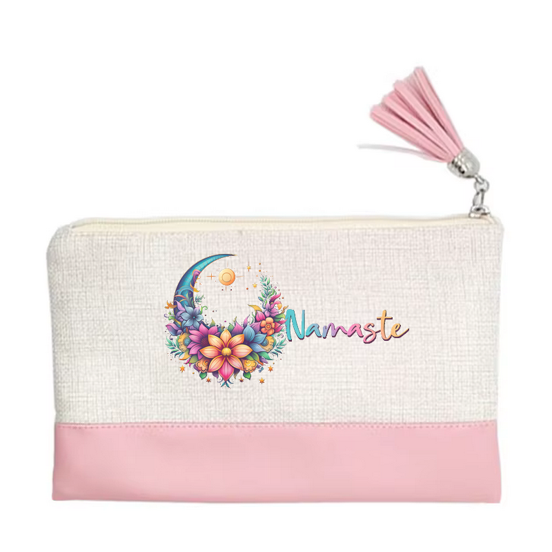 Pochette motif namaste lune en toile et simili cuir