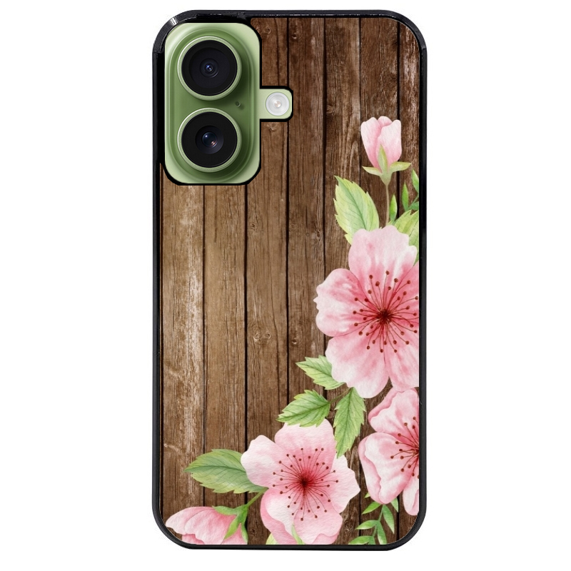 Coque noire taperso pour Iphone 17 17E AIR MAX PRO avec motif bois avec fleur rose protection antichoc personnalisée