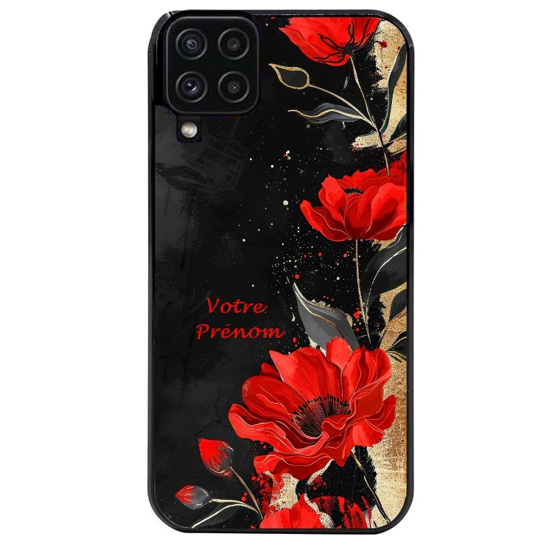 Coque noire taperso pour galaxy A22 A32 A52 A52S 4G 5G  avec motif fleur rouge avec prenom protection antichoc personnalisée