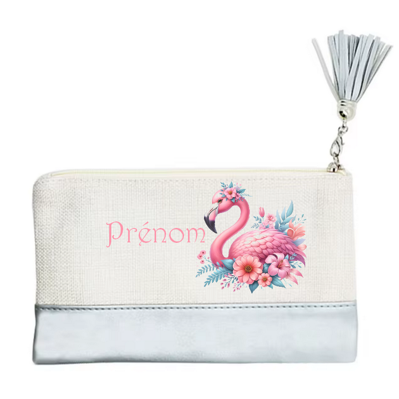 Pochette personnalisée motif flamant fleur en toile et simili cuir personnalisée