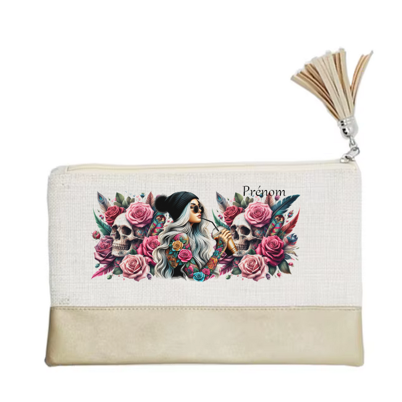 Pochette personnalisée motif tete de mort plume en toile et simili cuir personnalisée