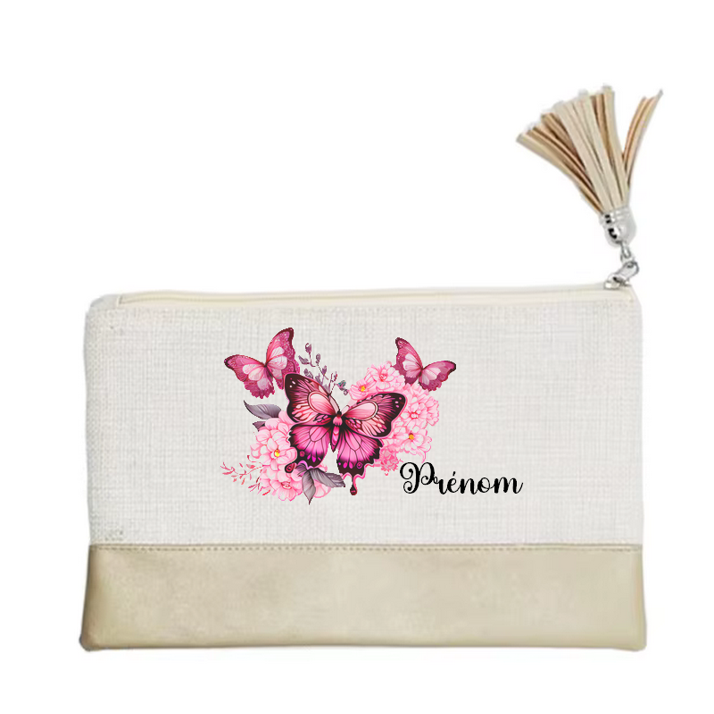 Pochette personnalisée motif papillon fleur en toile et simili cuir personnalisée