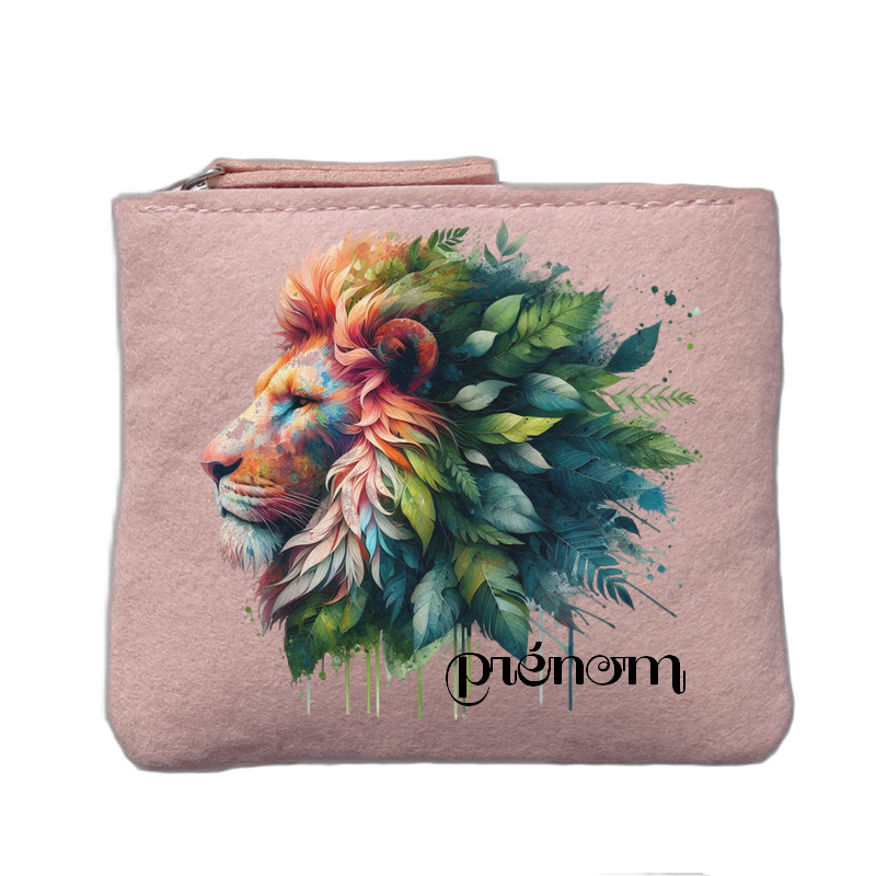 Porte monnaie personnalisé motif lion jungle rose clair en feutrine en feutrine