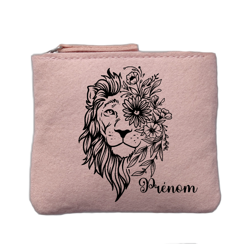 Porte monnaie personnalisé motif lion fleurs rose clair en feutrine en feutrine