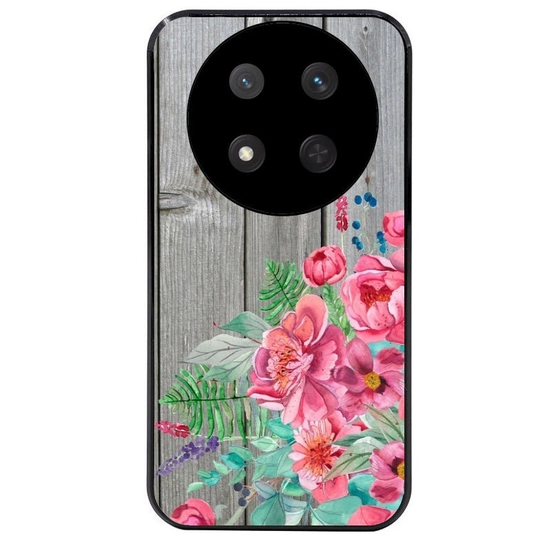 Coque noire taperso pour Magic 7 LITE et PRO avec motif bois gris et fleur rose protection antichoc personnalisée