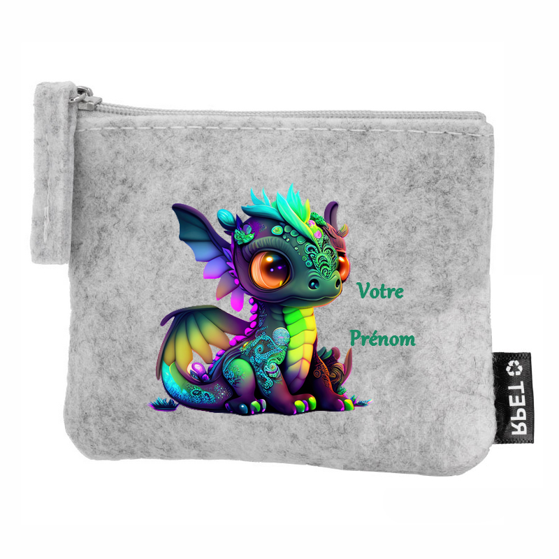 Porte monnaie personnalisé dino fluo en feutrine en feutrine