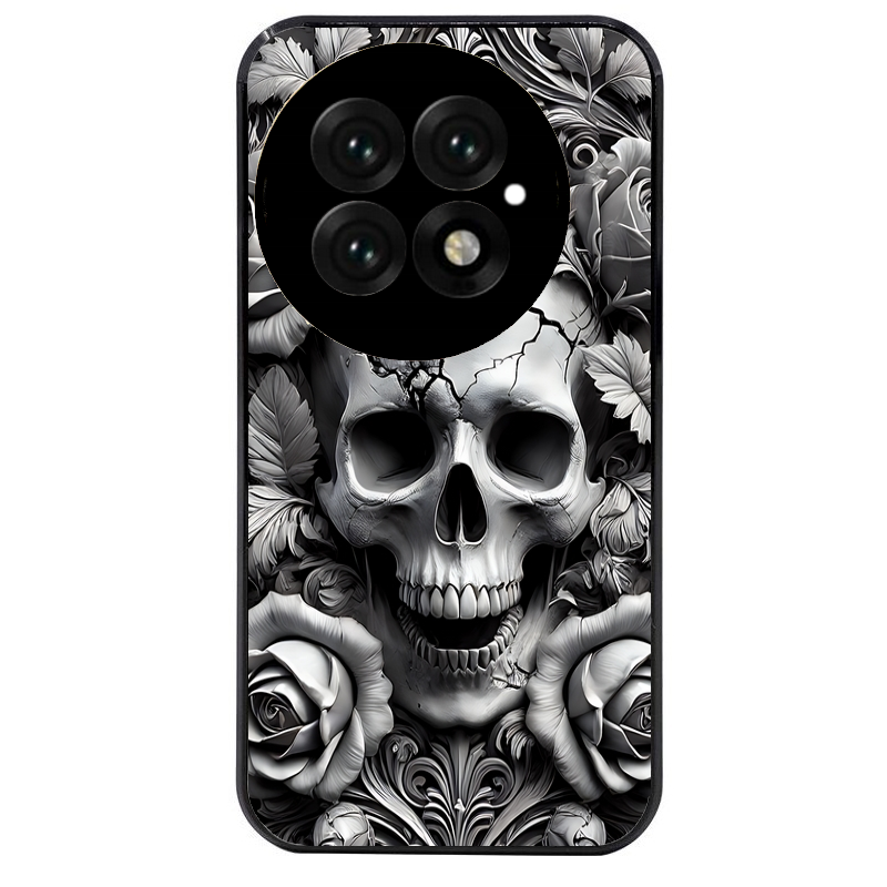 Coque noire taperso pour OnePlus 13 avec motif tete de mort fleur protection antichoc personnalisée