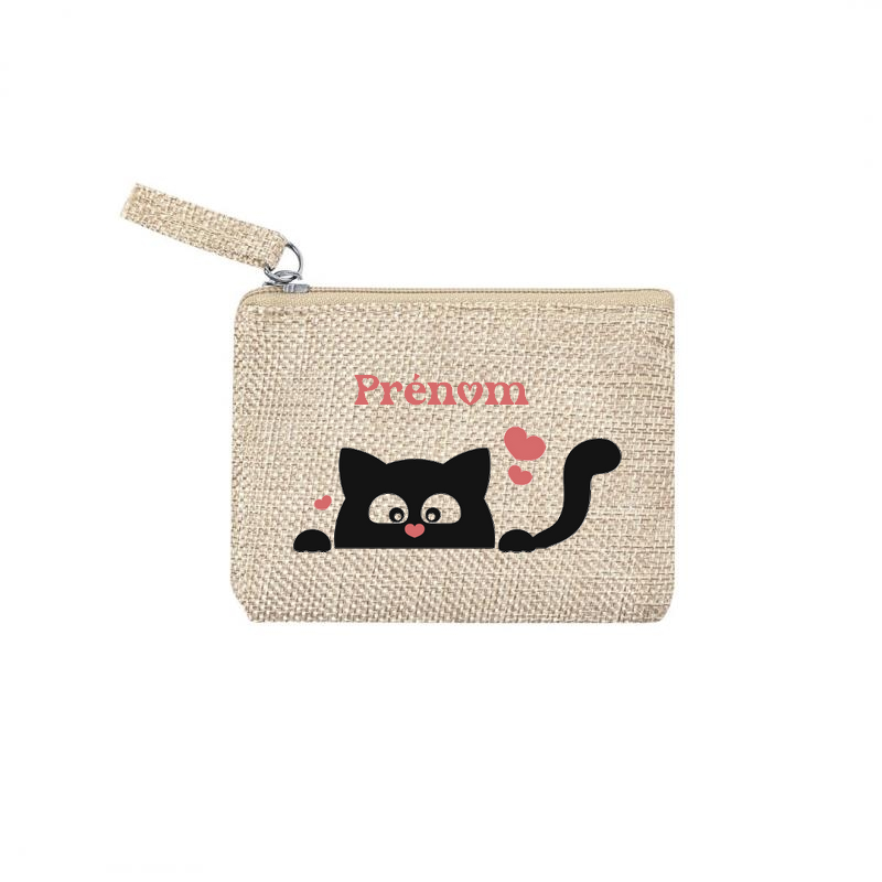 Pochette personnalisée motif chat cœur en toile et simili cuir personnalisée