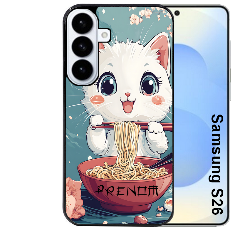 Coque noire taperso pour galaxy S26 et PLUS ULTRA FE avec motif chat ramen cerisier protection antichoc personnalisée