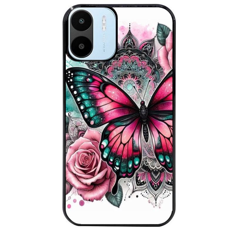 Coque noire taperso pour Redmi A1 et A2 avec motif papillon rose protection antichoc personnalisée