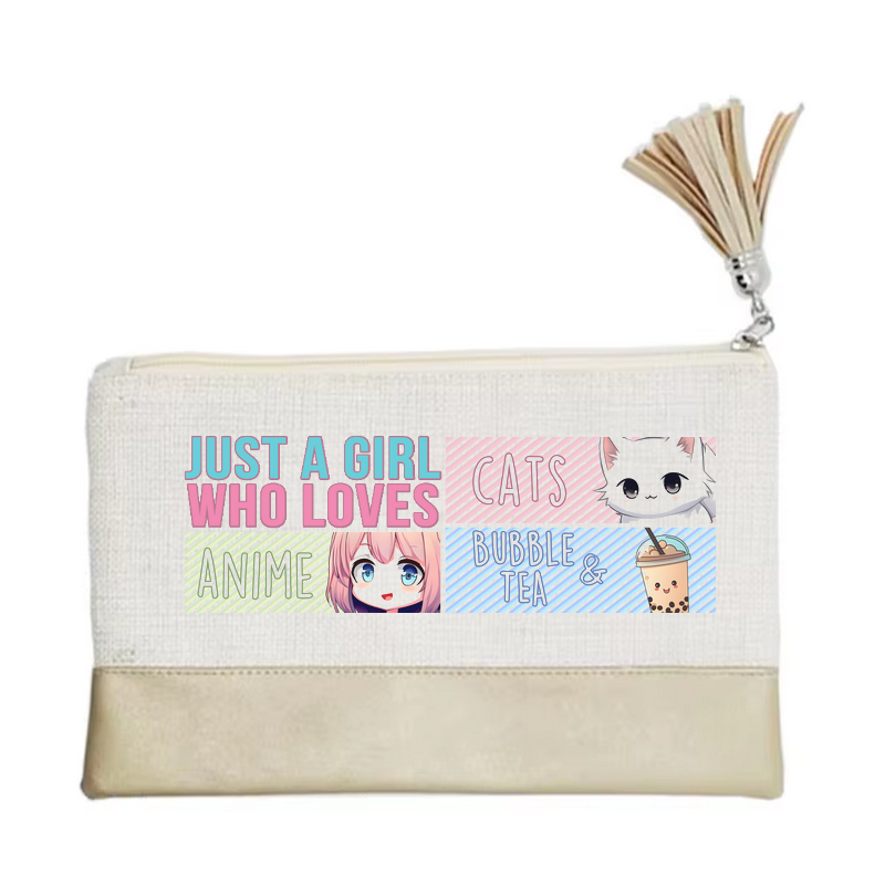 Pochette motif anime girl chat en toile et simili cuir