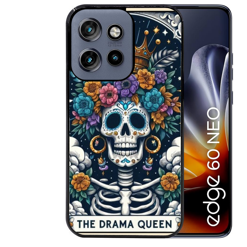 Coque noire taperso pour Moto Edge 60 et Neo Fusion Pro avec motif tete de mort drama queen protection antichoc personnalisée