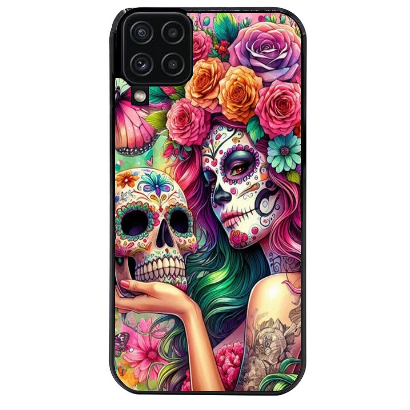 Coque noire taperso pour galaxy A22 A32 A52 A52S 4G 5G  avec motif tete de mort calavera skull protection antichoc personnalisée