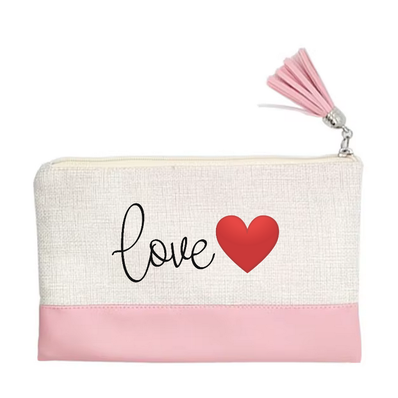 Pochette motif love et cœur en toile et simili cuir