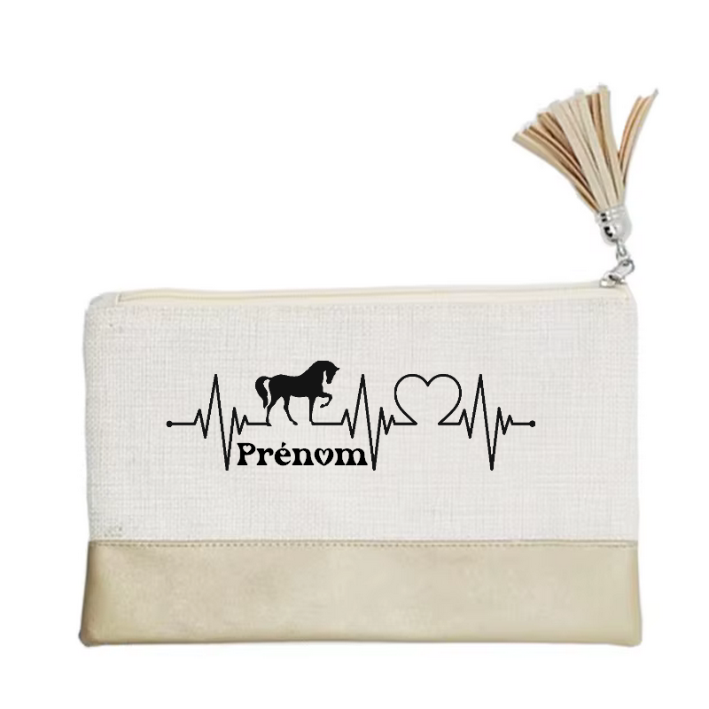 Pochette personnalisée motif cheval heartbeat en toile et simili cuir personnalisée
