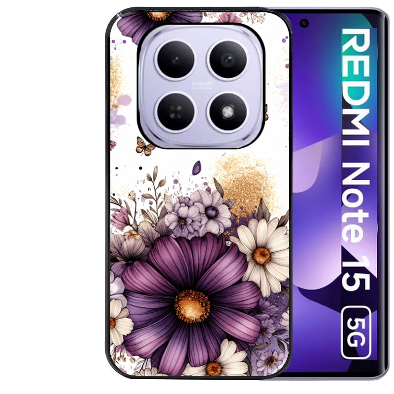 Coque noire taperso pour Redmi Note 15 et PRO PLUS 4G 5G avec motif fleur violette personnalisee protection antichoc personnalisée