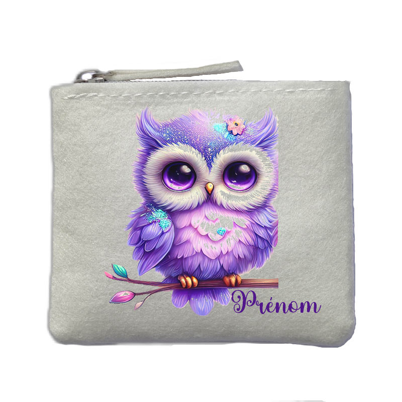 Porte monnaie personnalisé chouette fleurs ivoire en feutrine en feutrine ivoire