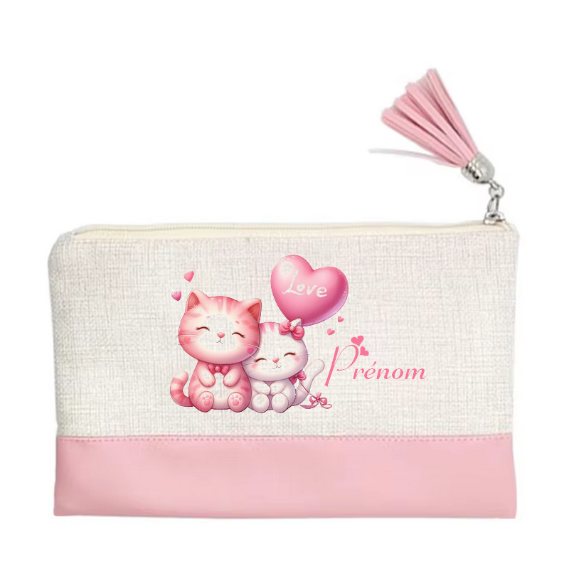 Pochette personnalisée motif chat love en toile et simili cuir personnalisée
