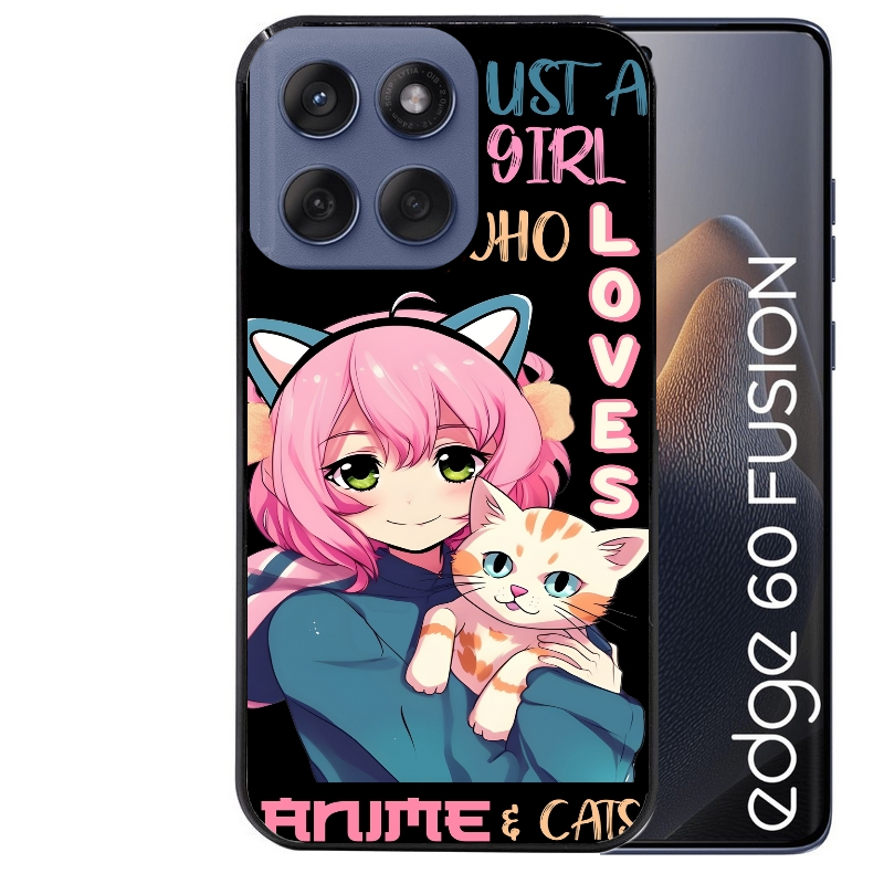 Coque noire taperso pour Moto Edge 60 et Neo Fusion Pro avec motif anime et chat protection antichoc personnalisée