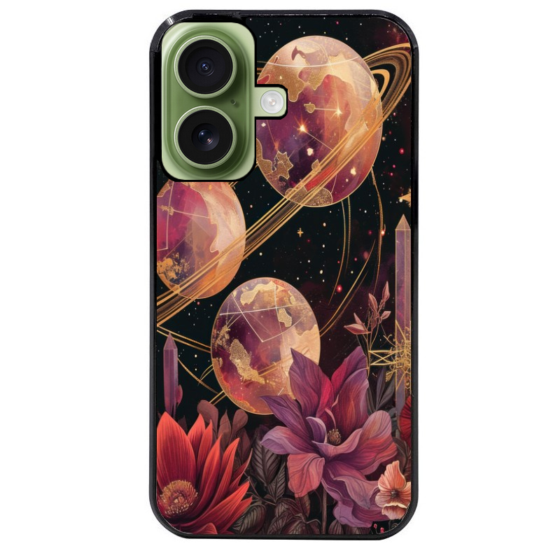 Coque noire taperso pour Iphone 16 16E PLUS MAX PRO avec motif astro et fleurs protection antichoc personnalisée