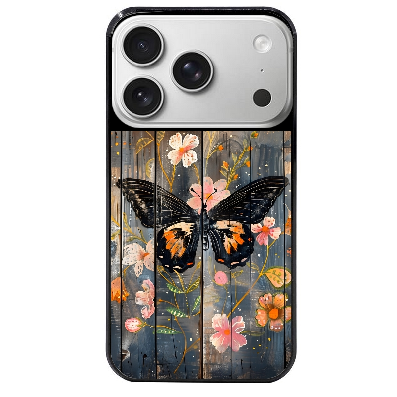 Coque noire taperso pour Iphone 17 17E AIR MAX PRO avec motif bois et papillon 2 protection antichoc personnalisée