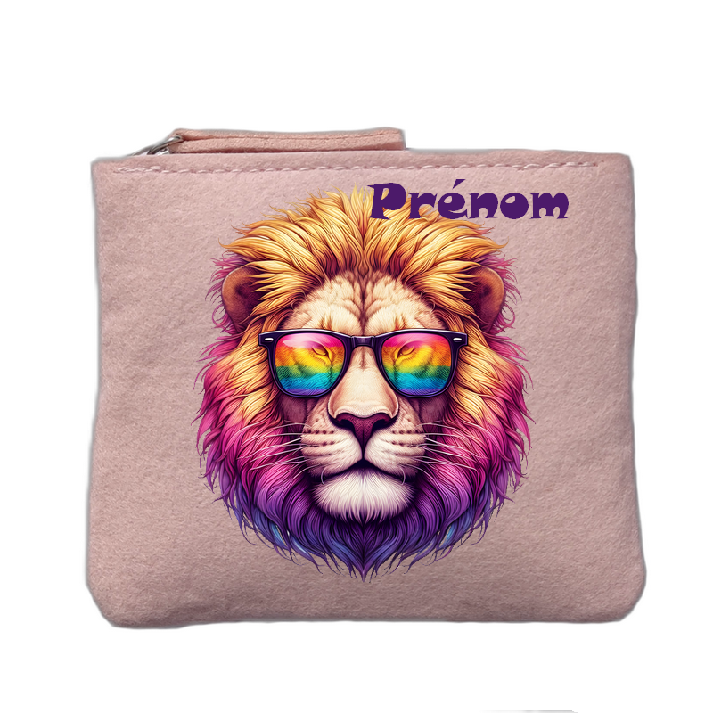 Porte monnaie personnalisé motif lion lunettes rose clair en feutrine en feutrine