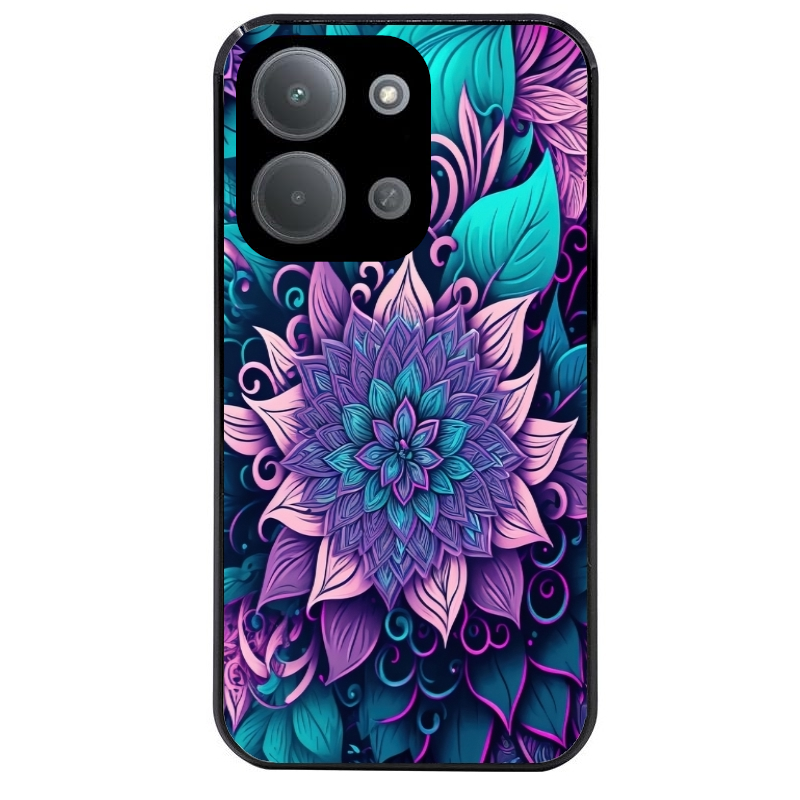 Coque noire taperso pour POCO C85 avec motif tropical mandala et fleur violet protection antichoc personnalisée
