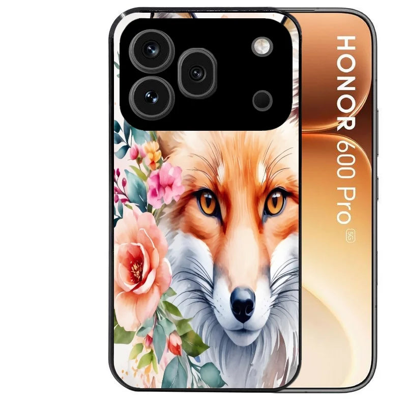Coque noire taperso pour Honor 600 et 600 PRO avec motif renard fox et fleurs protection antichoc personnalisée