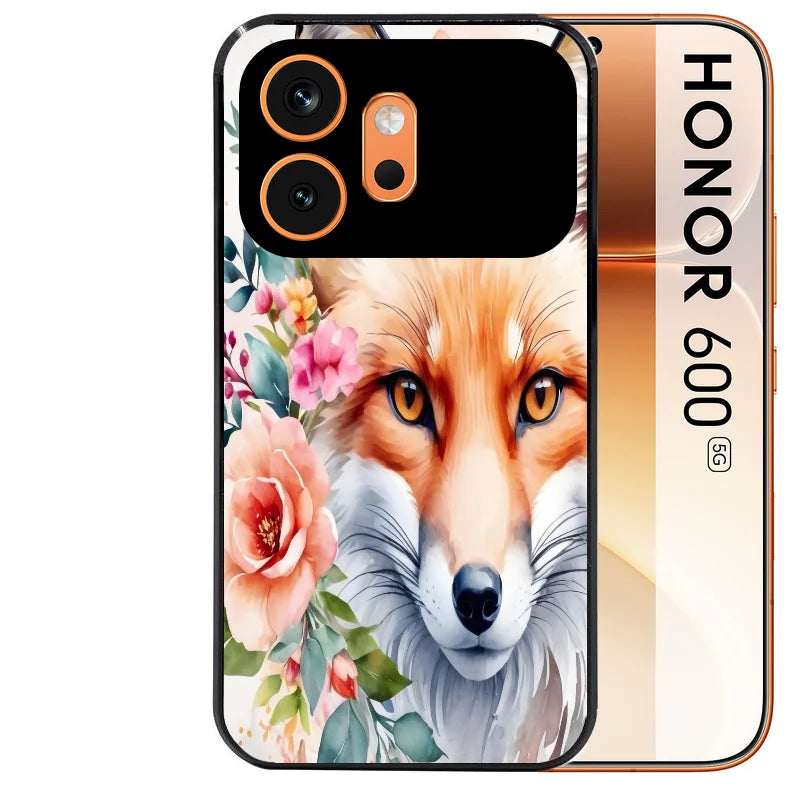 Coque noire taperso pour Honor 600 et 600 PRO avec motif renard fox et fleurs protection antichoc personnalisée