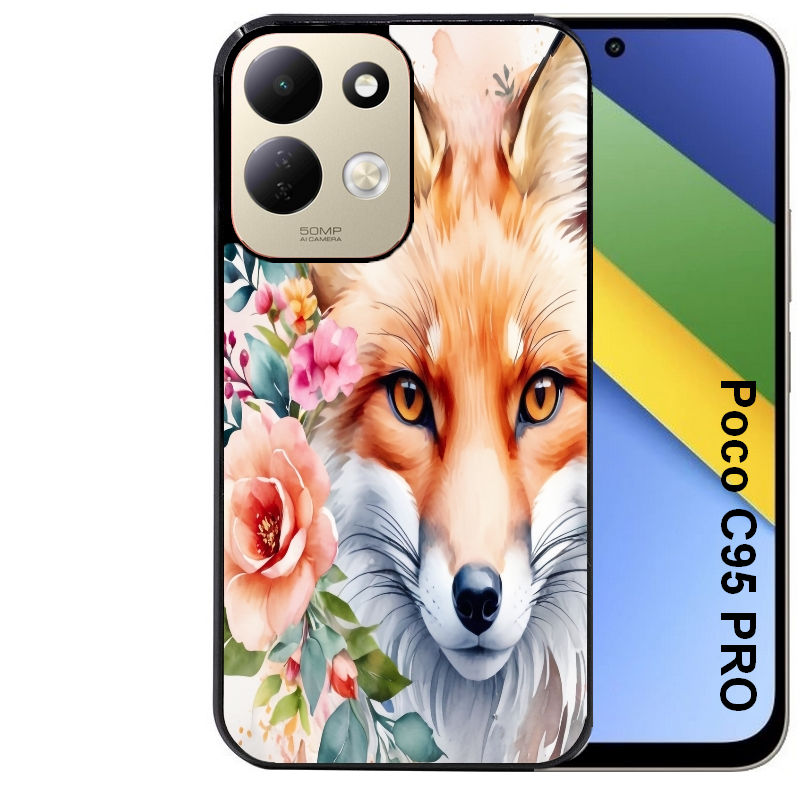 Coque pour POCO C95 PRO renard fox et fleurs