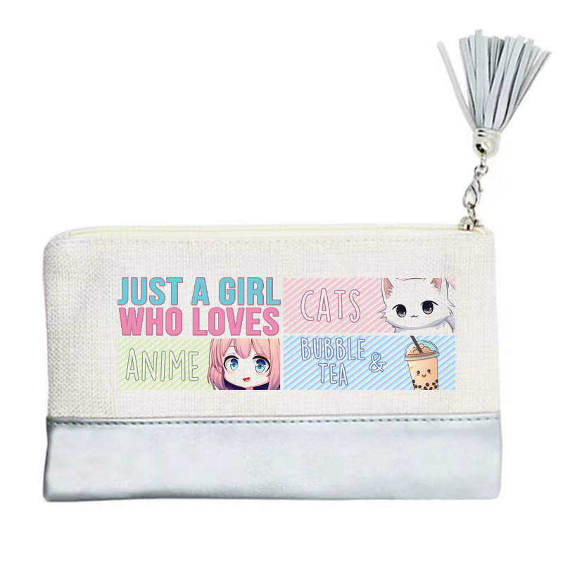 Pochette motif anime girl chat en toile et simili cuir