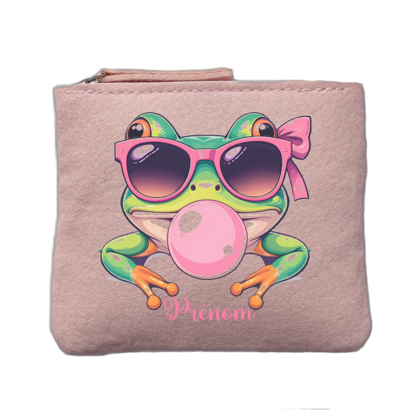 Porte monnaie personnalisé motif grenouille bubble rose clair en feutrine en feutrine