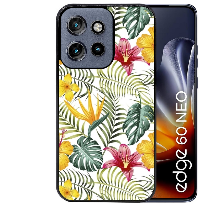 Coque noire taperso pour Moto Edge 60 et Neo Fusion Pro avec motif jungle et fleur hibiscus protection antichoc personnalisée
