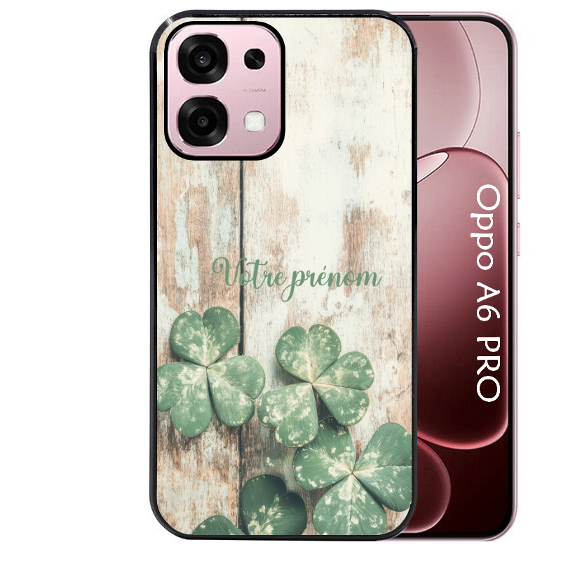 Coque noire taperso pour OPPO A6 PRO 4G et 5G avec motif bois et trefle personnalisee protection antichoc personnalisée