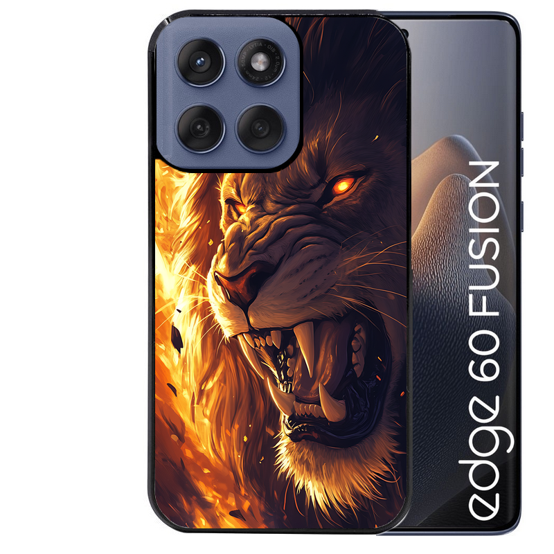 Coque noire taperso pour Moto Edge 60 et Neo Fusion Pro avec motif lion flamme protection antichoc personnalisée