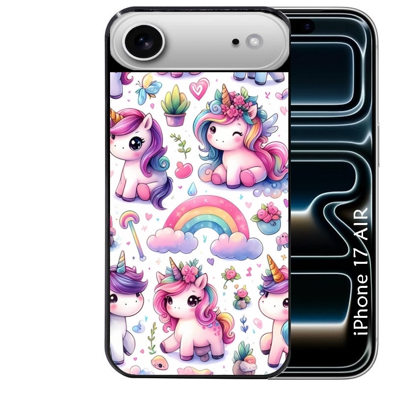 Coque noire taperso pour Iphone 17 17E AIR MAX PRO avec motif licorne arc en ciel protection antichoc personnalisée