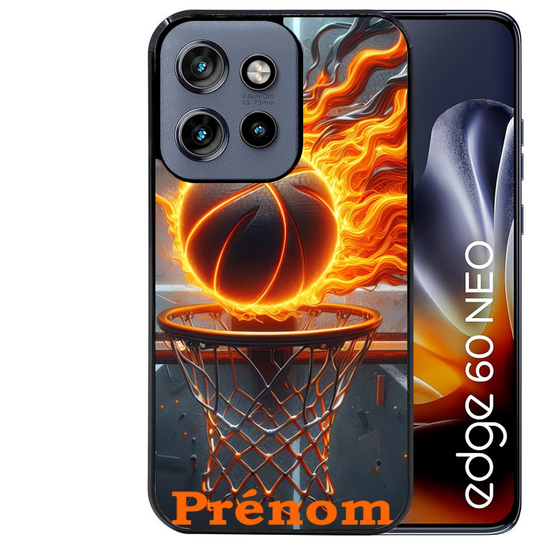 Coque noire taperso pour Moto Edge 60 et Neo Fusion Pro avec motif basket flamme personnalisee protection antichoc personnalisée